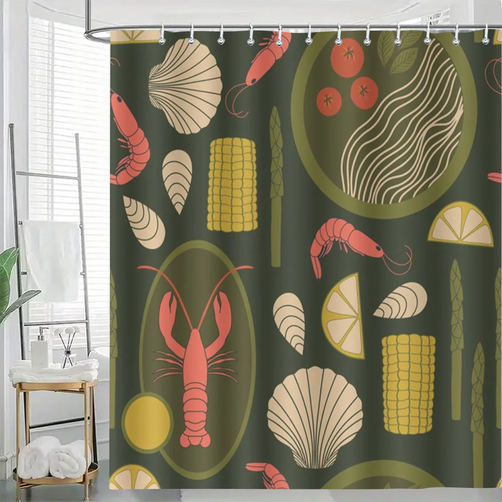 Tropical Ocean Beach Shower Curtain Polyester Funny Sea Life Coastal Decor Bathroom Liner Cute Lobster Shell Pattern Tropical Ju