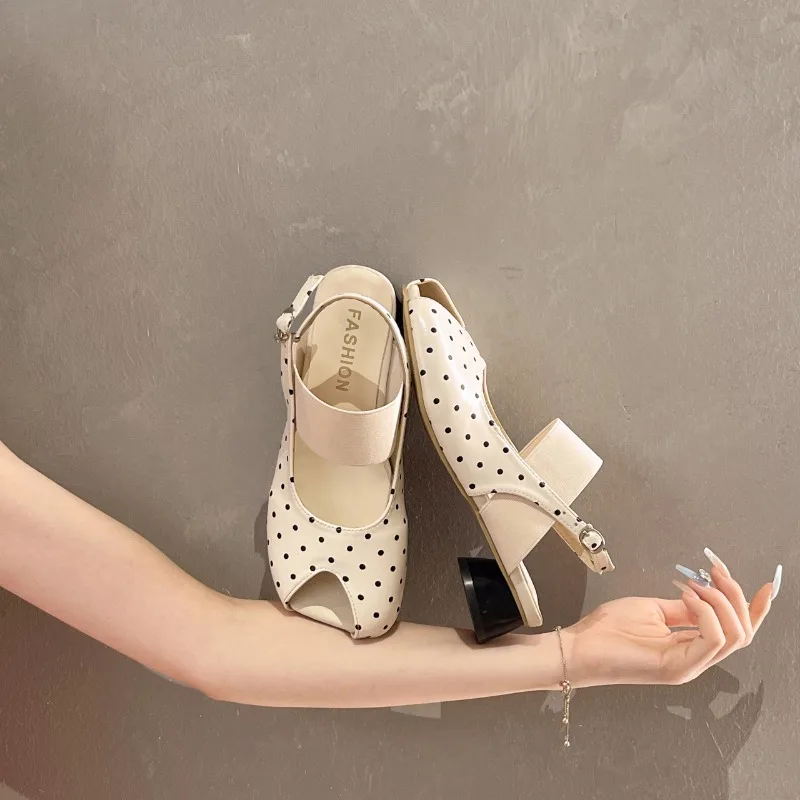 

Hollow-out Baotou Sandals Women's 2026 Summer Square Toe Block Heel Polka Dot Strap Single Shoes