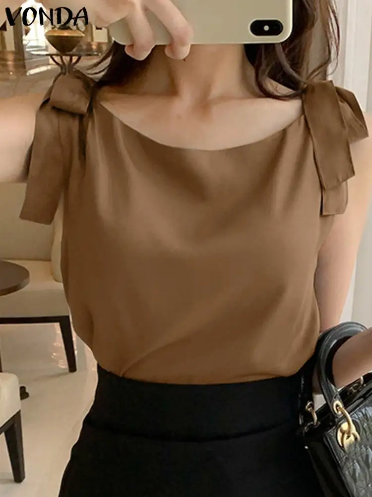 VONDA Women Shirts 2024 Elegant Sleeveless Tops Summer Casual Crew Neck Sexy Blouse Solid Color Tops Street Blusas Femininas