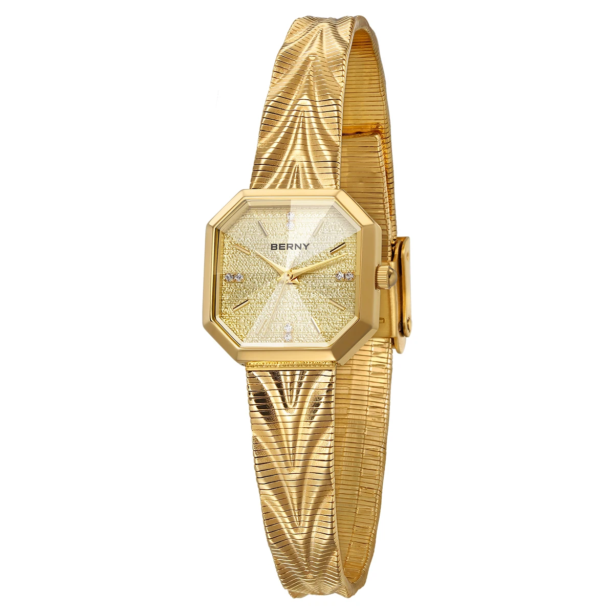 BERNY Gold Watch for Women Grit Dial Octagonal Ladies Quartz Wristwatch Stainless Steel Women Small Golden Watch Luxury Watches