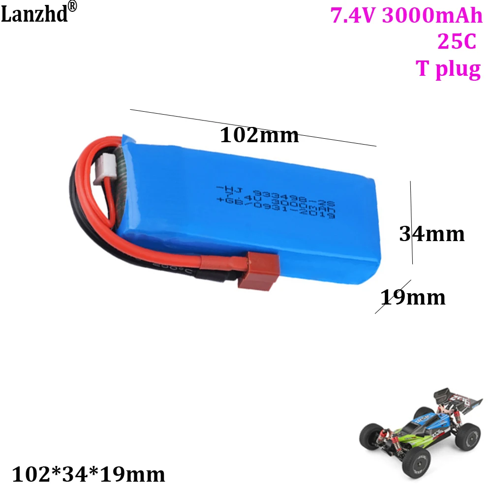 

2S 7.4V rechargeable battery For Weili 144001 124018 124019 EAT14 remote control car toy lithium battery 3000mAh