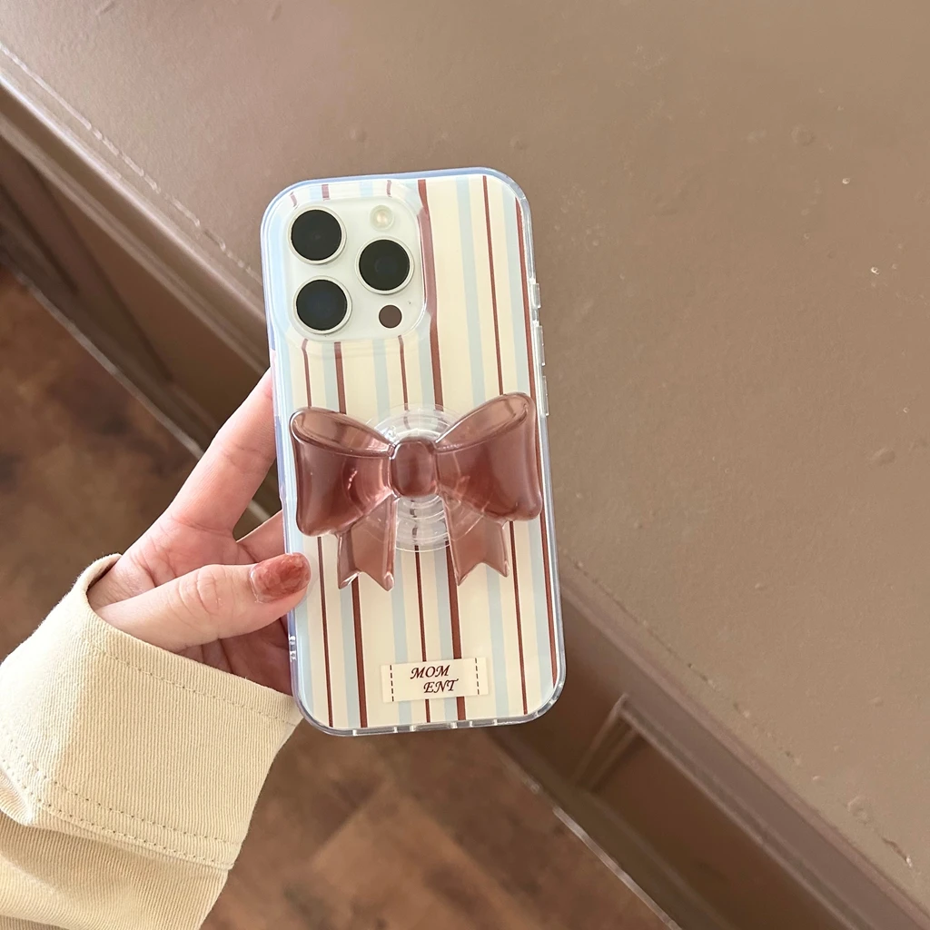 الخريف الشتاء بسيط الأزرق البني شريط Bowknot مع حامل للصدمات واقية غطاء الهاتف آيفون 17 16 15 14 برو ماكس