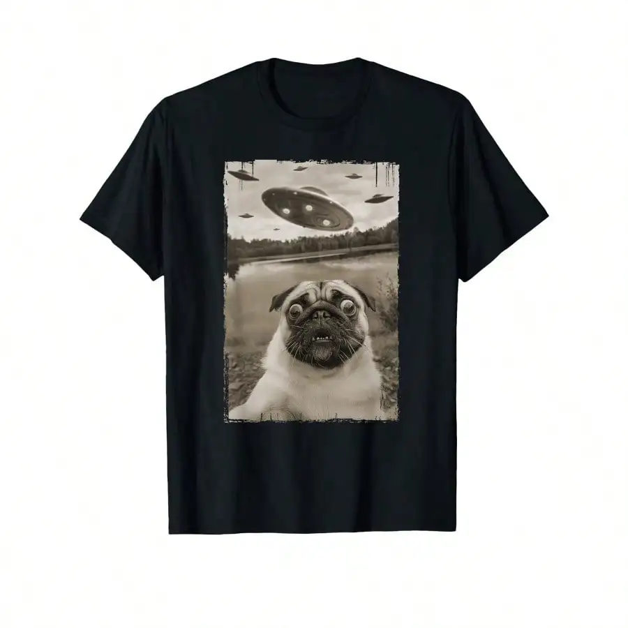 

100% Cotton Vintage Pug UFO Encounter Graphic T-Shirt - Crew Neck, Short Sleeve, Regular Fit, Medium Stretch, Geometric Pattern