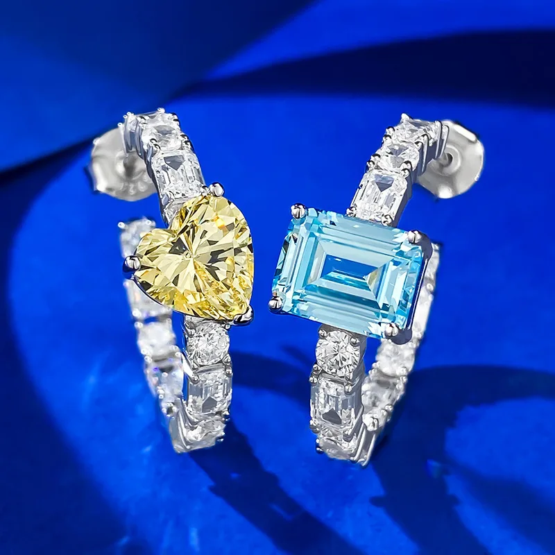 Wholesale of S925 Silver Shining Crystal Contrast Ring Earrings Yellow Diamond Sea Blue Love Earrings