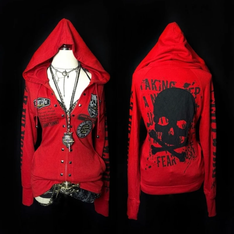 

Японские темно-готические толстовки Y2k с эстетическим винтажным принтом ​ Куртки в стиле гранж, пальто, женские повседневные тонкие толстовки на молнии в стиле Харадзюку