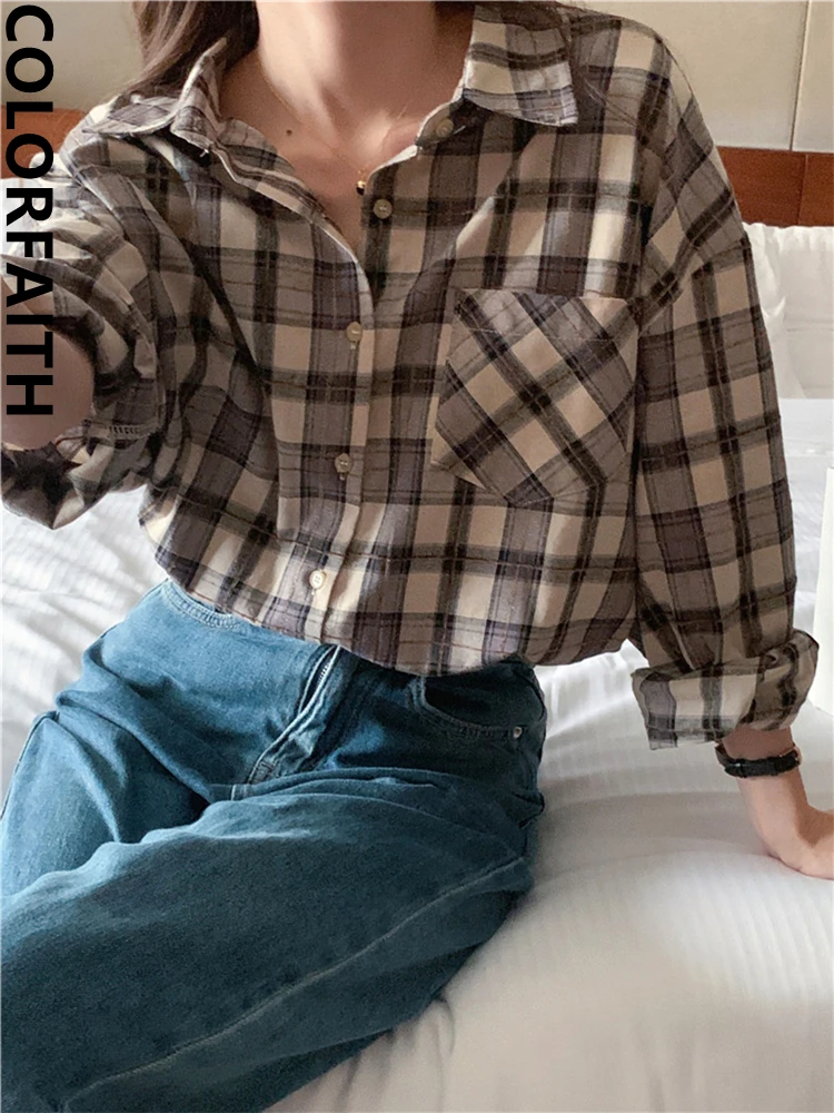 Colorfaith BL10336 New 2024 Checkered Wild Pockets Vintage Chic Oversized Korean Fashion Women Spring Summer Blouses Shirts Tops