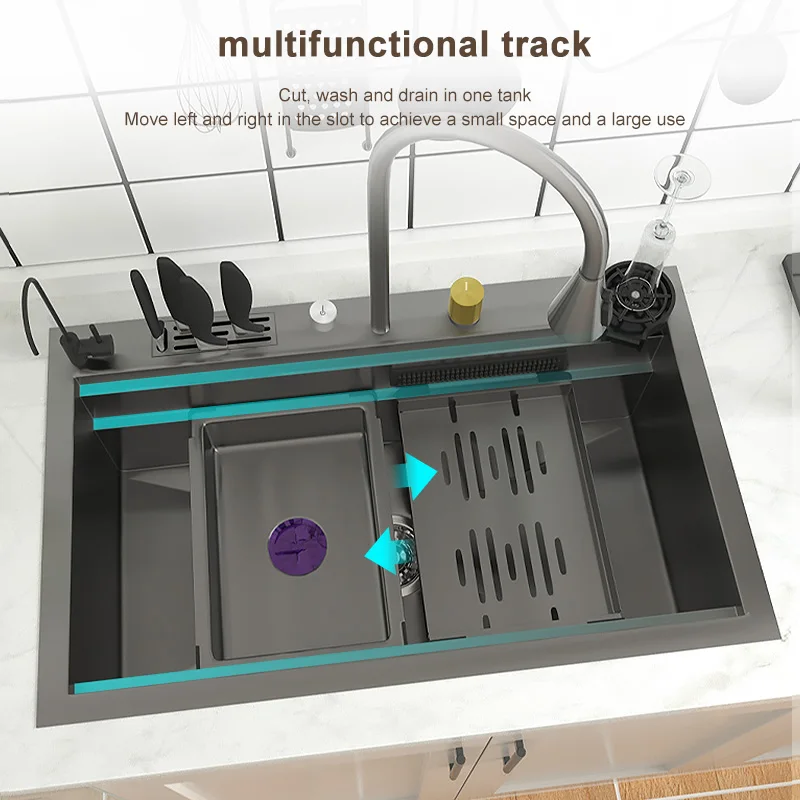 Stainless Steel Kitchen Sink Waterfall Sink Large Single Slot Multi-functional Wash Basin Can Be Installed Under The Counter