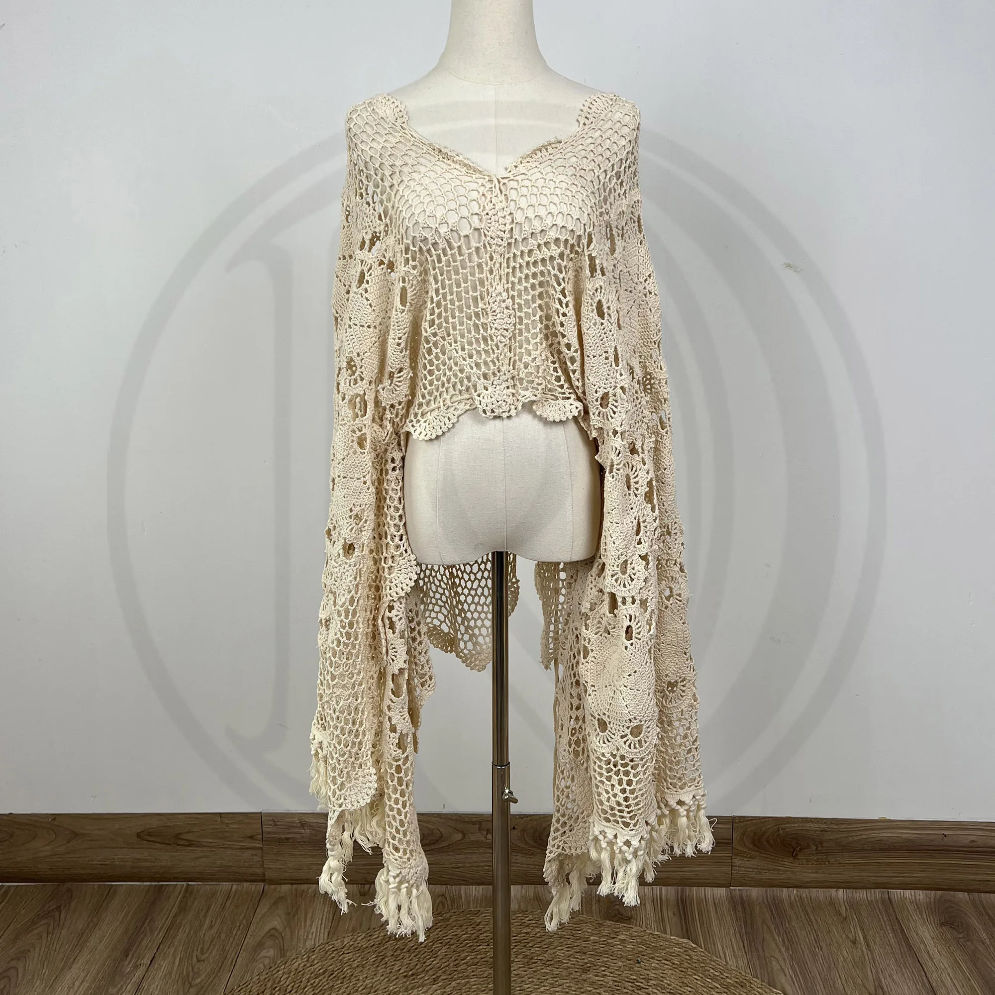 Photo Shoot Extra Long Floral Pregnant Handcraft Crochet Shawl with Tassel Handmade Cotton Beige Cape for Women Photography Prop