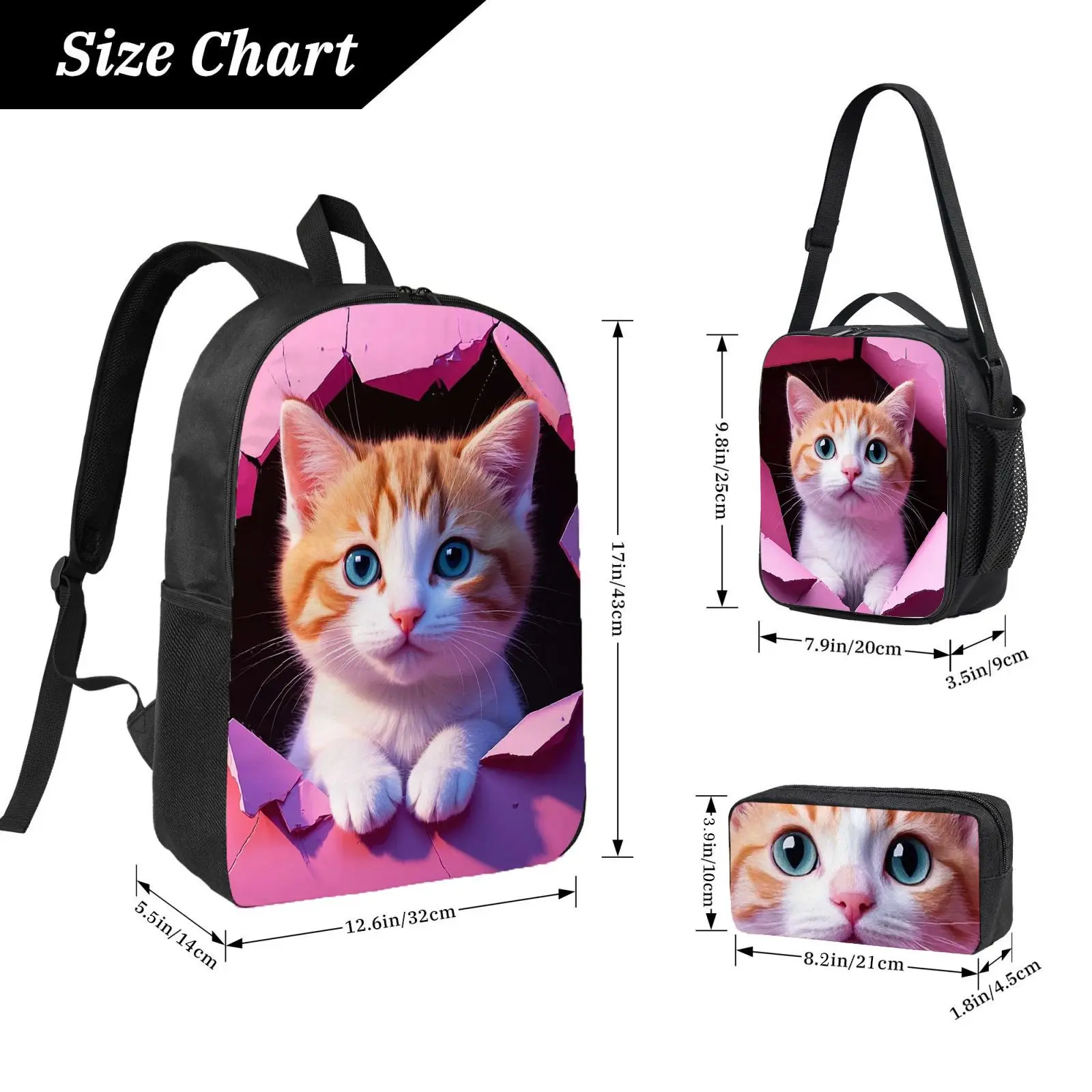 Set de tres piezas: mochila, estuche para lápices, bolsa de almuerzo, alta calidad, impresión 2D, gran capacidad, gato, lindo, regalo, para uso diario