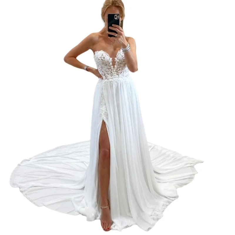 Böhmisches Chiffon-Hochzeitskleid, herzförmig, rückenfrei, lange Schleppe, seitlicher Schlitz, sexy Strand-Brautkleid, individuell gestaltet