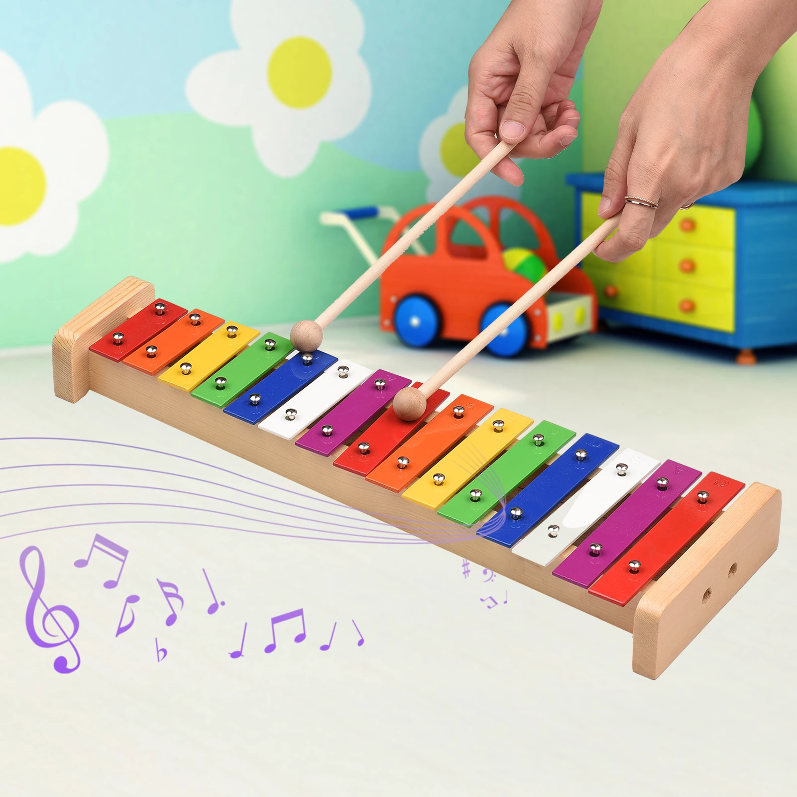 15 Note Glockenspiel Xylophone Wooden Base Colorful Aluminum Bars with 2 Mallets Educational Musical Instrument Percussion Gift