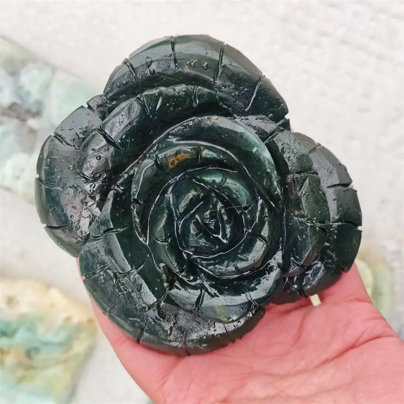 Natural Blood Stone Quartz Flower Carving Home Decoration Healing Energy Stone Children Birthday Gift 1pcs