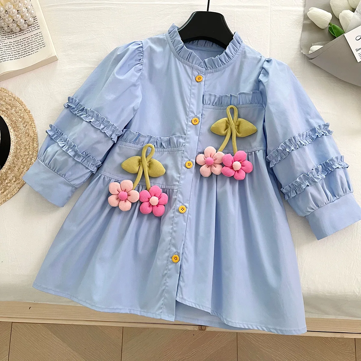 

Baby Girls Spring Autumn Dress Girl Three-dimensional Sunflower Stand Collar Denim Dress Kids Long Sleeve Irregular Shirt Skirt
