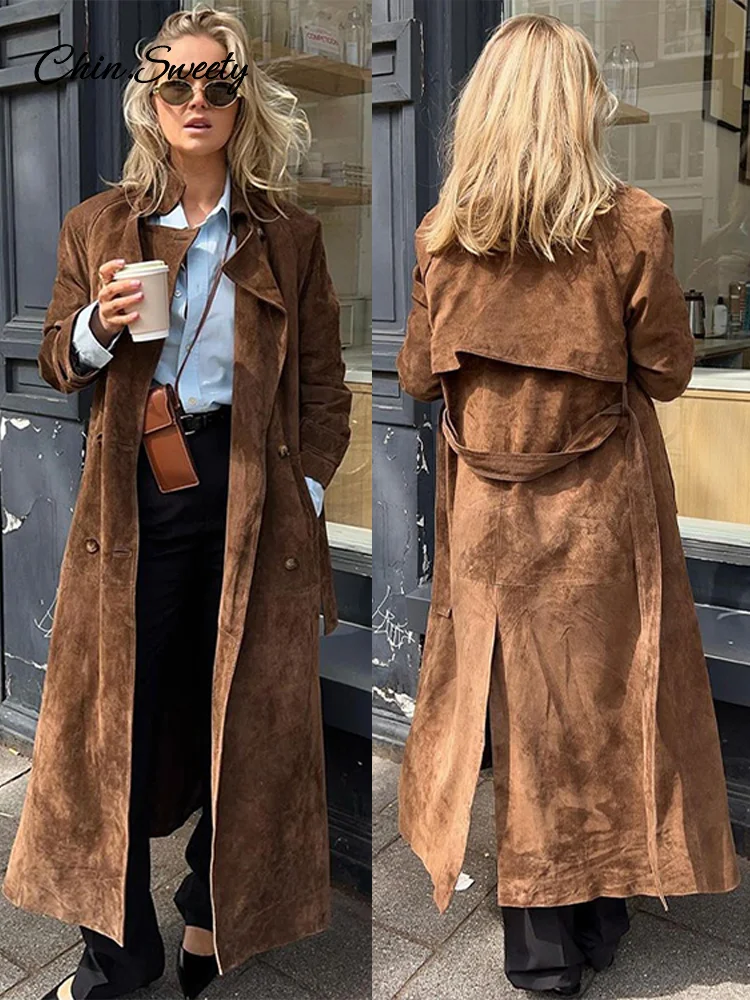 Gabardina larga de ante para mujer, abrigo elegante con cinturón de doble botonadura, manga larga, cortavientos marrón, prendas de vestir de calle para mujer, Otoño, 2024