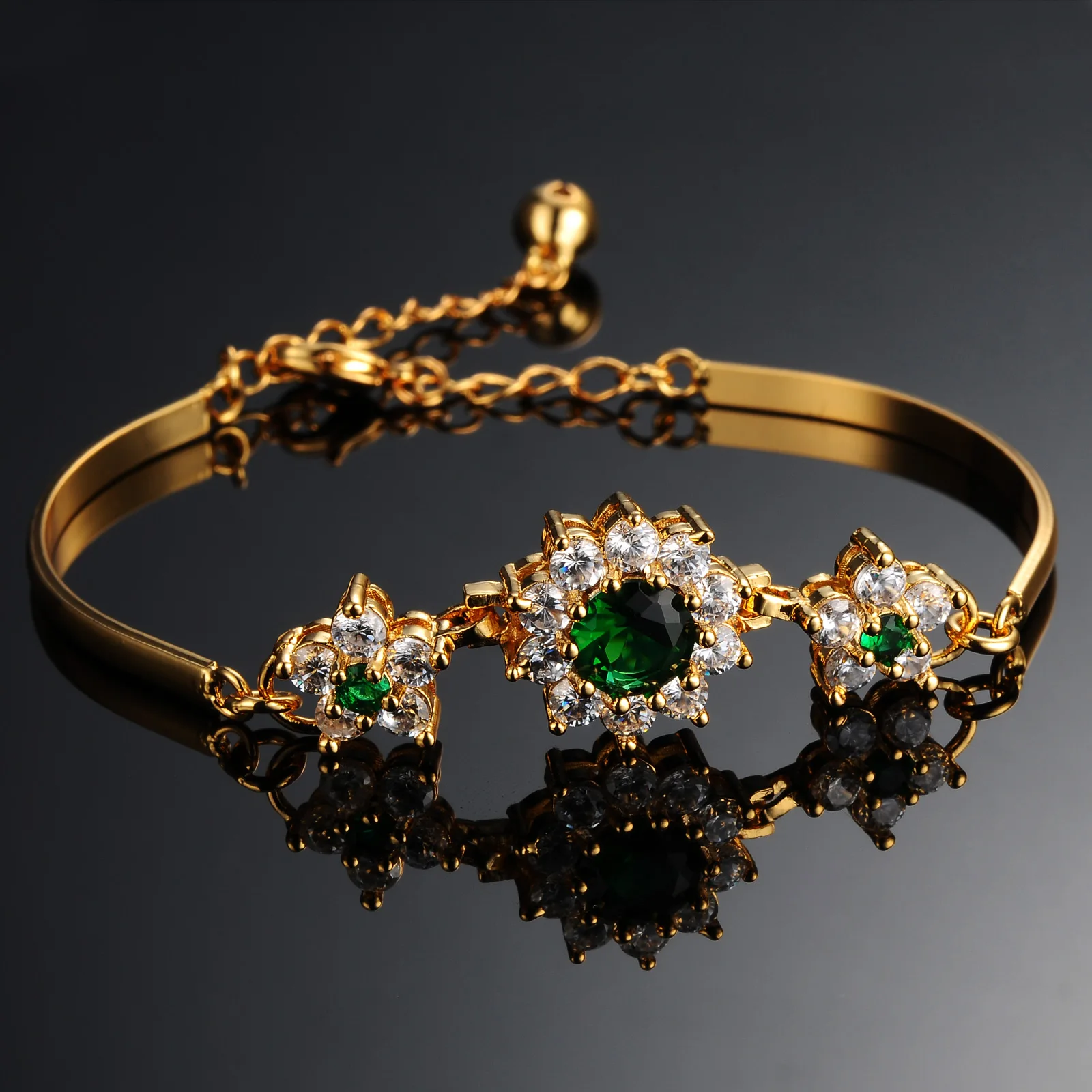 Fashion European Gold Color Green Crystal Flowers Bracelet Copper Chain For Women Party Birthday Jewelry Gift