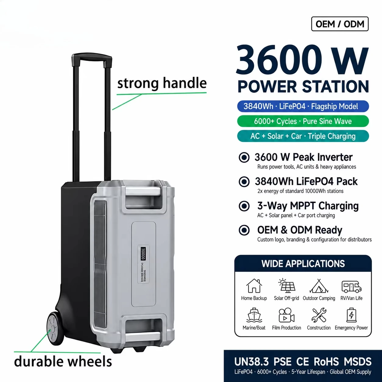 Factory Price Outdoor UPS All in One Home Backup Battery 3840Wh Waterproof Portable Power Station Solar Generator with Wheels