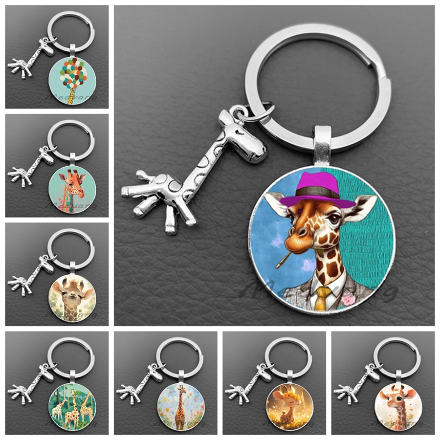 2024 Cute cartoon deer keychain fashionable colorful giraffe glass dome women\'s keyring car keychain jewelry gift