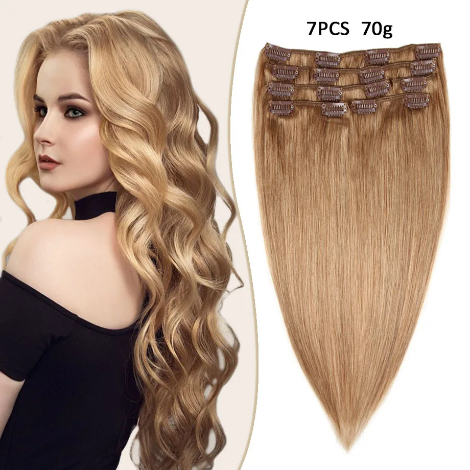 

Double Weft Clip in Hair Extensions Real Human Hair 70g 7Pcs Honey Blonde Full Head Silky Straight Brazilian Remy Hair Women #27