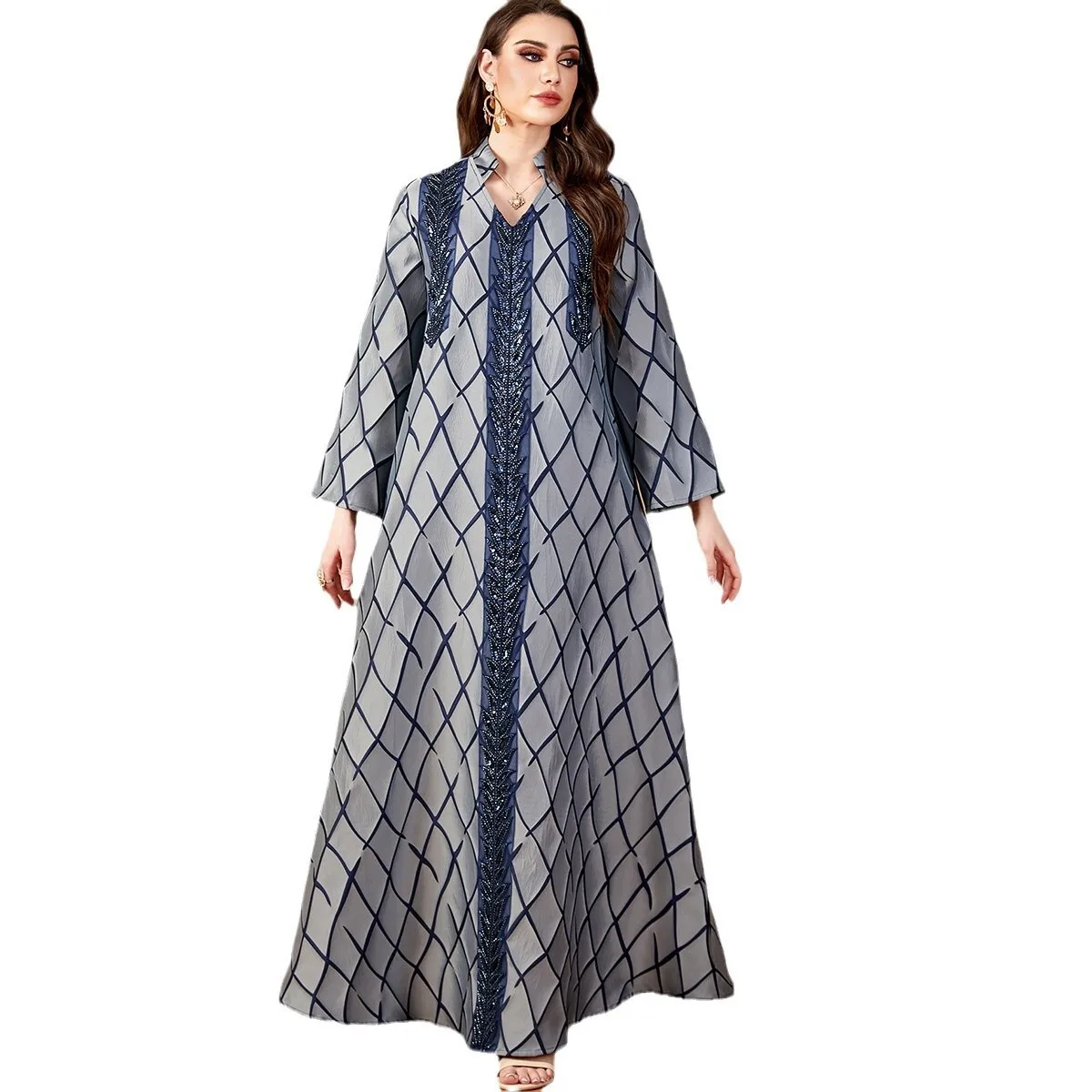 4153, großer Schwung, V-Ausschnitt, langer Rock, muslimische Robe, neues modisches Jacquard-Damenkleid mit langen Ärmeln