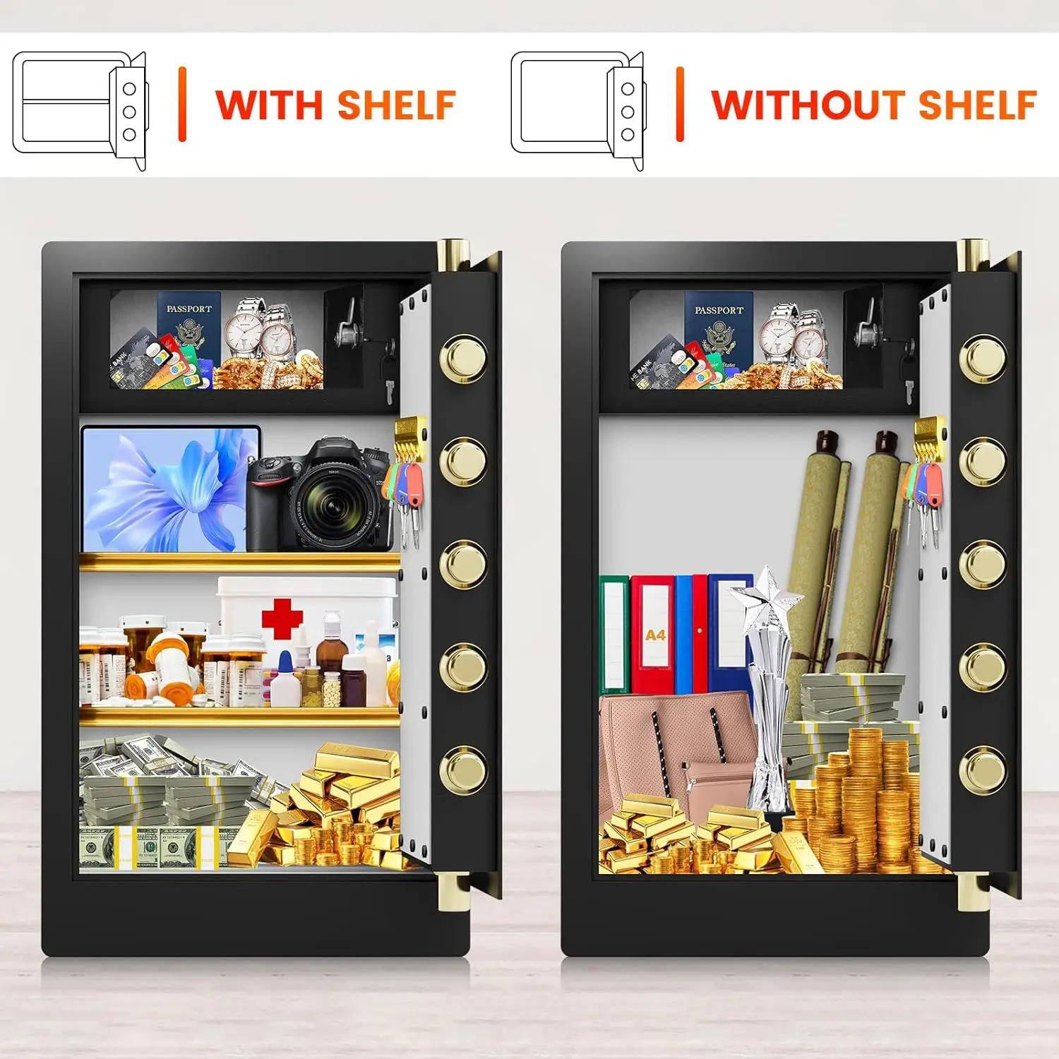 صندوق أمان فولاذي عالي التحمل مقاوم للحريق ومقاوم للماء مع حقيبة مقاومة للحريق، قفل مجمع وخزانة داخلية، خزائن مقاومة للحريق