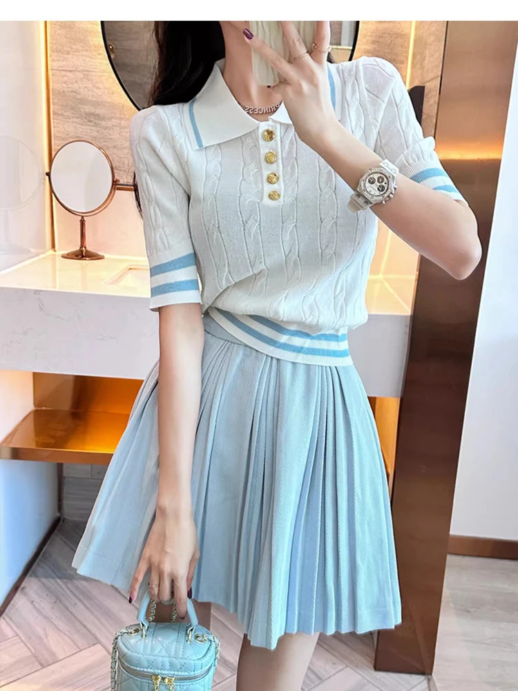 

2025 Newest Summer Knit Two Pieces Sets Women Short Sleeve T-Shirt Tops+High Waist Pleated Skirt Lady Fashion Sweet Suits