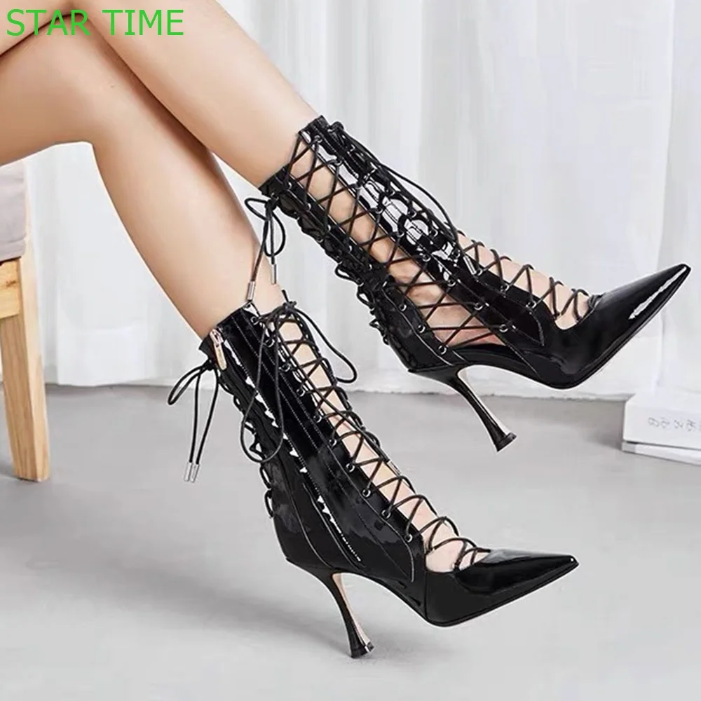 Hollow Cross Strap Summer Short Boots 2024 New Casual Pointed Closed Toe Lace Up High Heel Sandals Black/gold Sexy Women Sandals