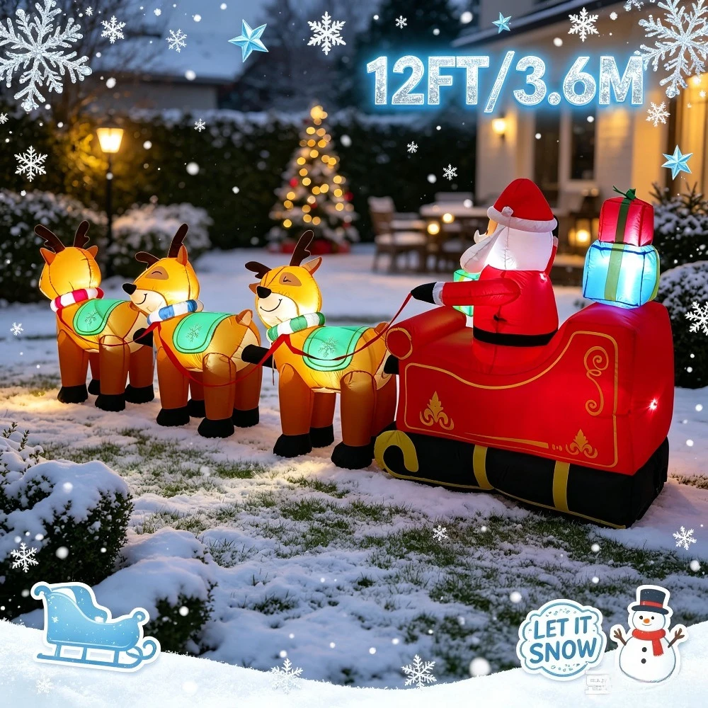12FT Christmas Inflatable Santa Claus Reindeer Sleigh Outdoor Decoration Waterproof Light Up Xmas Sign Prop Outside Driveway
