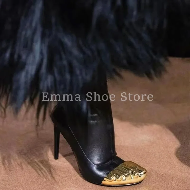 

2025 Design Golden Five Fingers Toe Stretch Boots Concise High Heel Black Women's Short Boots Back Zipper Elegant Leather Botas