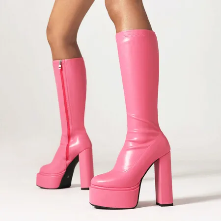 2024 Punk Style Mid-calf Boots Ladies High Heel Platform Side Zipper Party Pink White Black White Shoes for Women Autumn