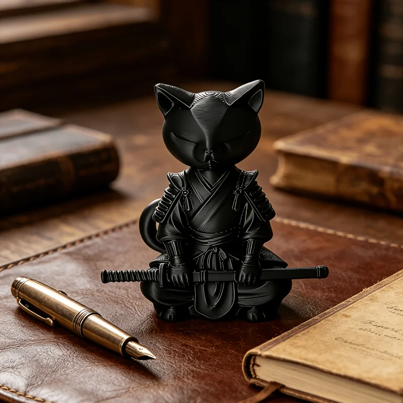 Dark Samurai Cat Statue, Zen Sword Ornament, Plastic Desktop Collectible Model, Home & Office Decor, Themed Gift for Christmas,