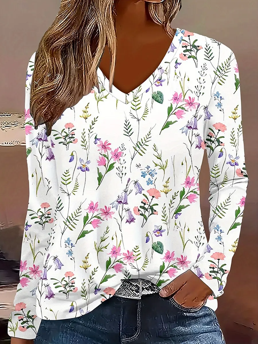 

2025 Women's T-Shirts Florals Graphics Plants Elegant Fashion Tees Long Sleeve T-shirts V-Neck Regular Tops Pullover Fall Winter