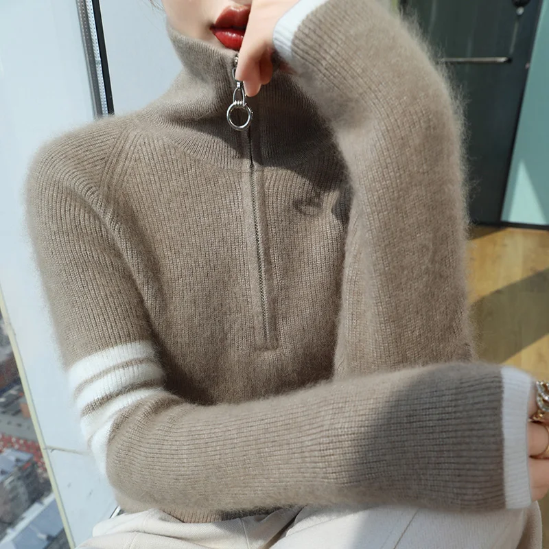 100% Pure Mink Cashmere Half Zip Sweater Women Turtleneck Knit Pullover Fashion Color-Match Large Size POLO Shirt Thicken Jacket