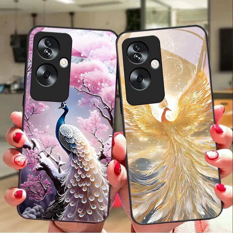 Golden Phoenix pour Oppo A79 5G 58 78 74 60 4G Reno 11F Realme GT 6 11 Note 50 10 C55 X2 coque de téléphone noire en verre trempé