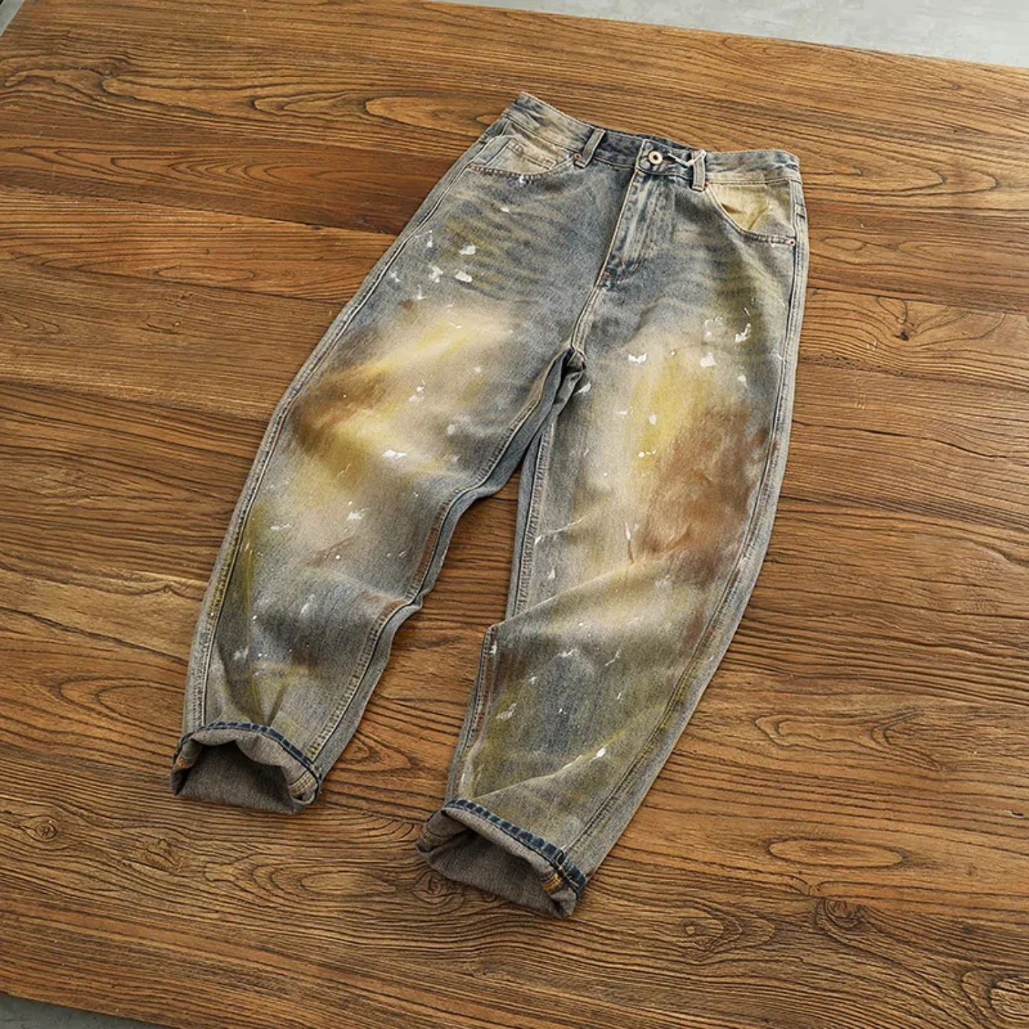 14oz heavy loose straight cone jeans male personality splash ink dirty wash to do old Haren pants man