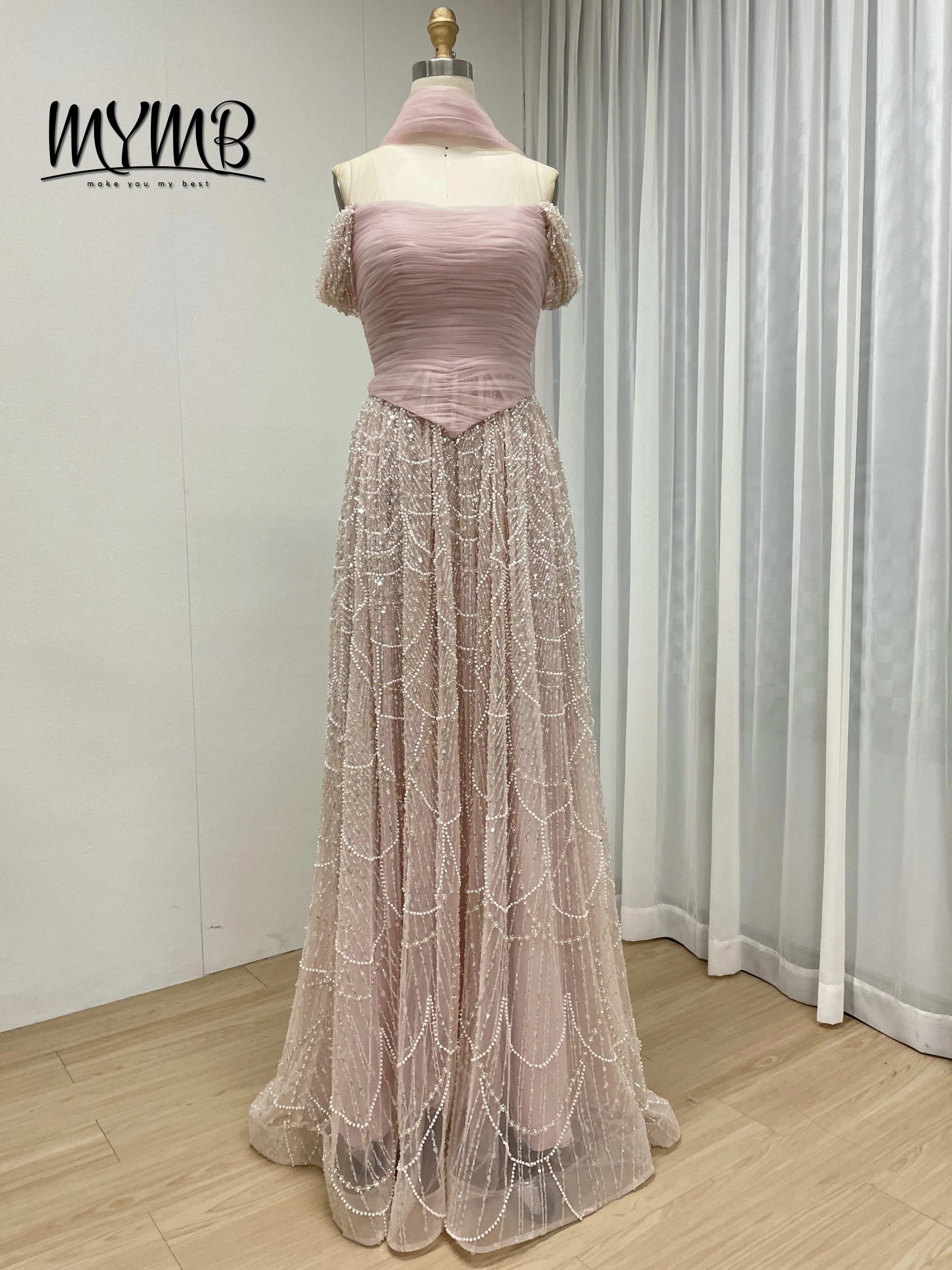 MYMB nouveau Style orné de paillettes de perles exquises élégant hors de l'épaule une ligne robe de soirée pour occasion formelle MB40432