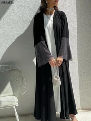 Siskakia Muslim Ramadan Eid Black Open Kimono Abaya Elastic Drilling Net Shalwar Kameez Casual Loose Moroccan Gulf Women Robe