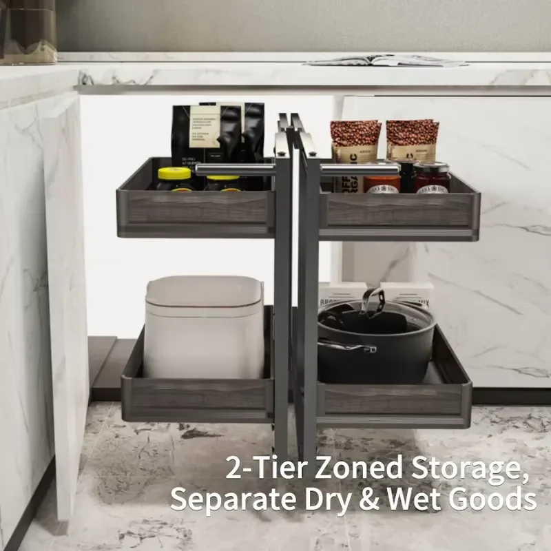 Double Sided Pull Out Coffee Bean Storage Basket Aluminum Kitchen Corner Hardware Box For Cabinet Organization And Space