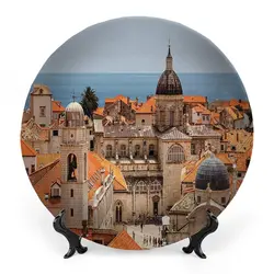 City Decorative Ceramic Plates, Ceramic Plates, Decorative Dish with Stand, for Display Handmade Ceramic Wall Hanging Decors