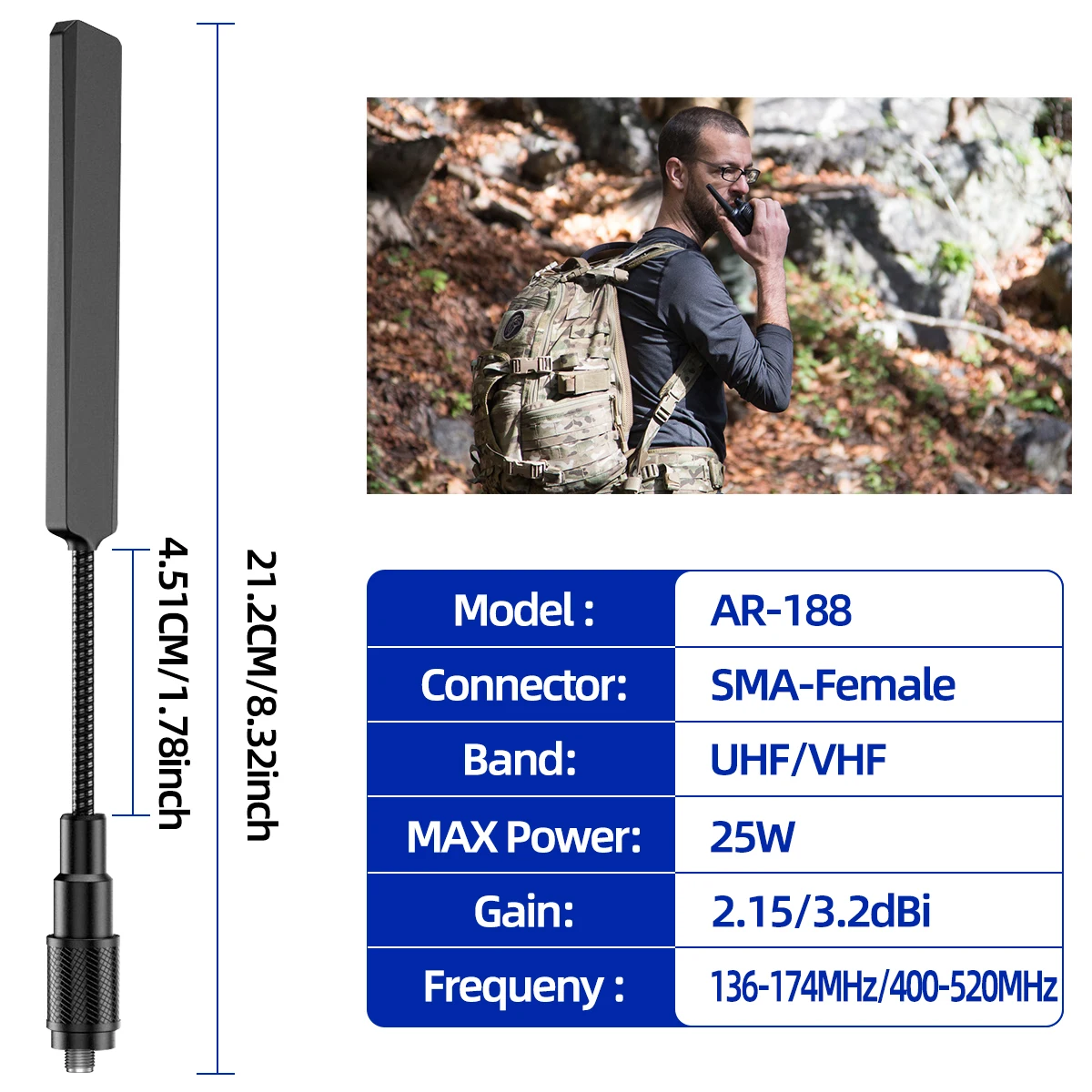 ABBREE AR-188 Gooseneck Tactical Antenna SMA-Female VHF UHF for Baofeng UV-5R 5RH 21 PRO QUANSHEGN UV-K6 K5 Walkie Talkie