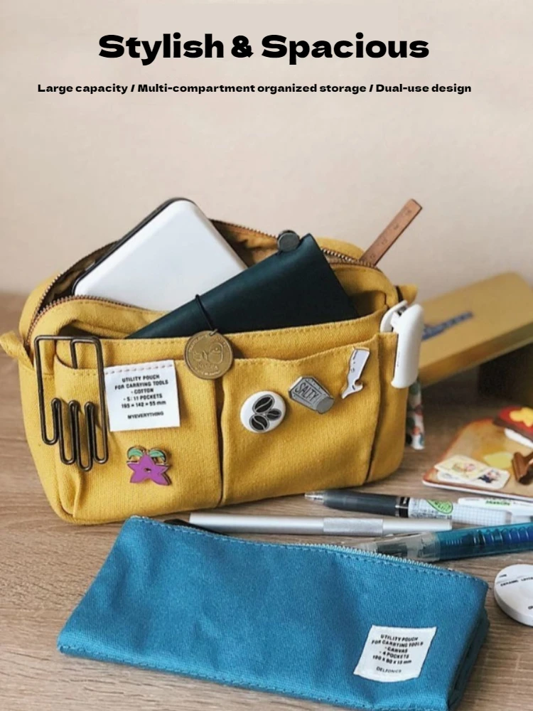Canvas opbergtas met grote capaciteit, eenvoudig ontwerp voor middelbare scholieren, meerlaagse etui en tas voor jongens en meisjes - afbeelding 2