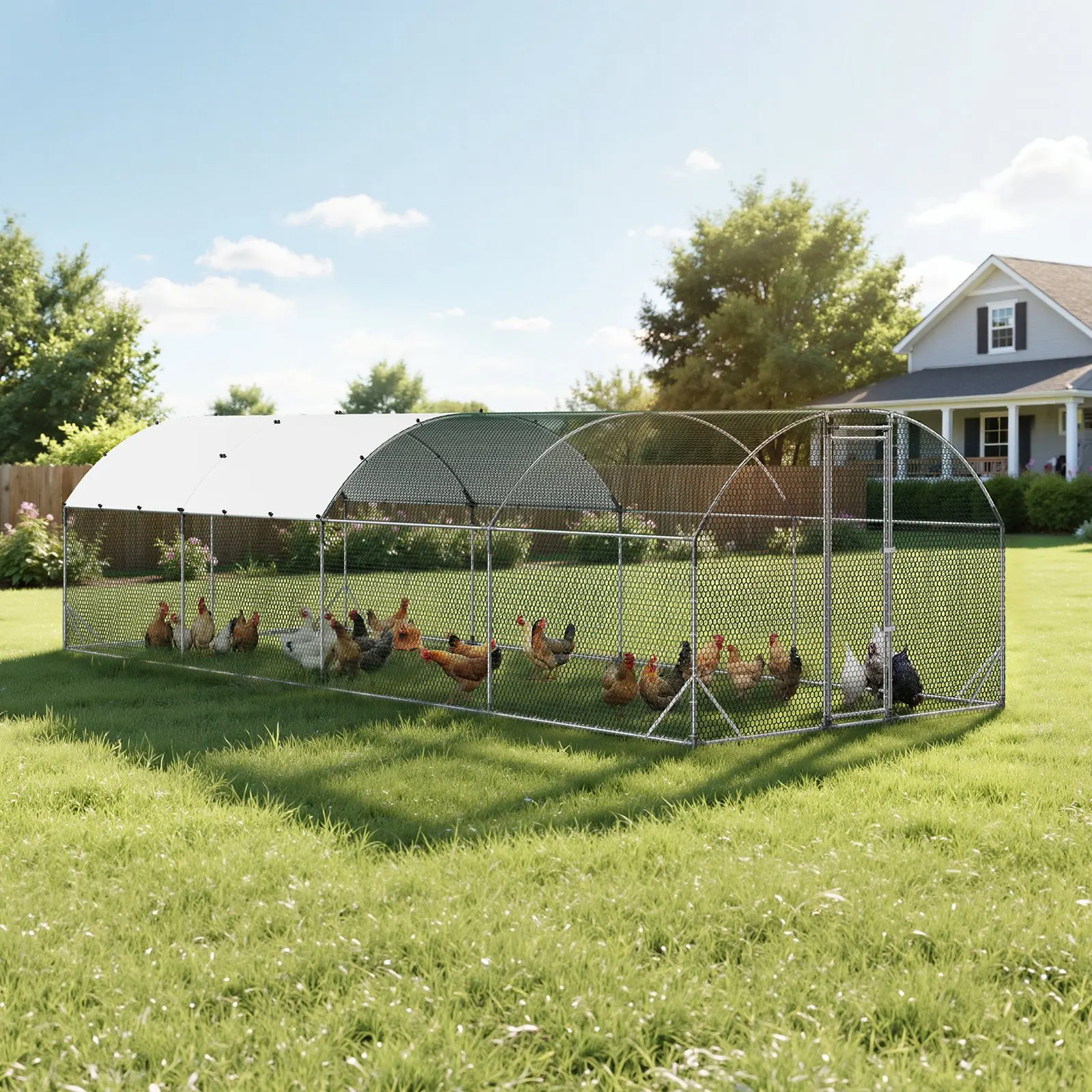 

Курятник 9 x 25 x 6,6 футов для разведения кур, уток, кроликов, гусей на заднем дворе, прочная каркасная конструкция с купольной крышей, для использования на улице