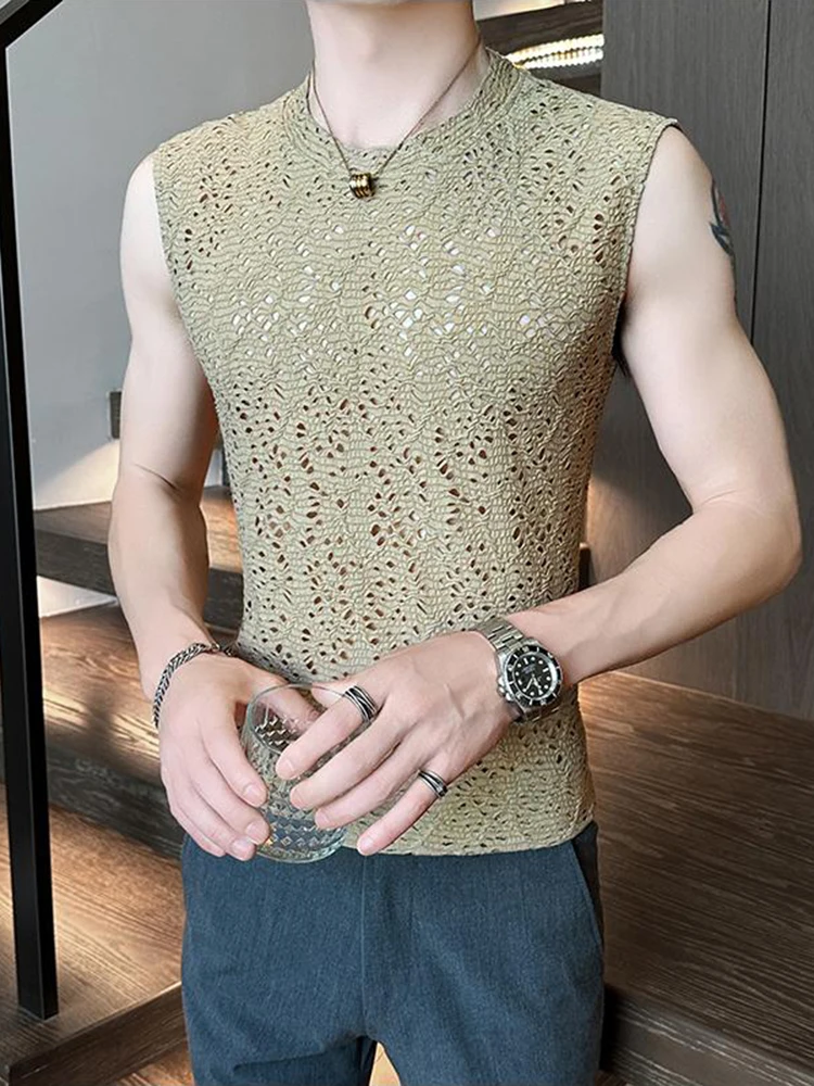 

Men's Hollow out Ice Silk Vest Thin Running Fitn Trend Svel T-irt Breathable Summer Faion Urban Sle round Ne