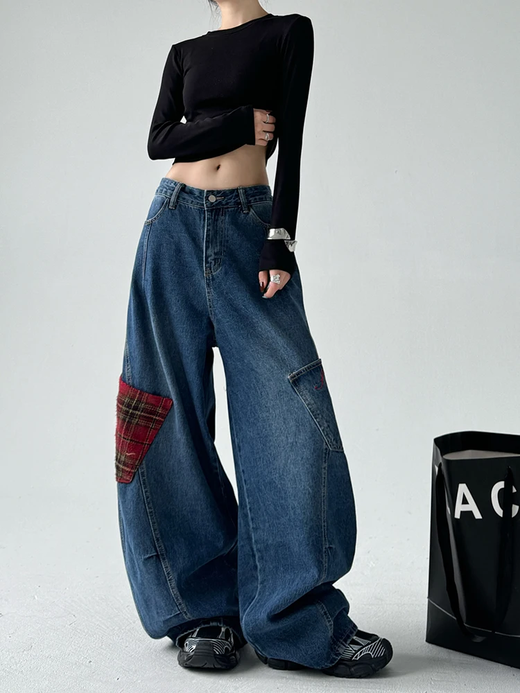 

Американские джинсы с цветными вставками в клетку, широкие штанины, женские, зимние, новые, из хлопка, эластичные, деним, с высокой талией, длинные брюки