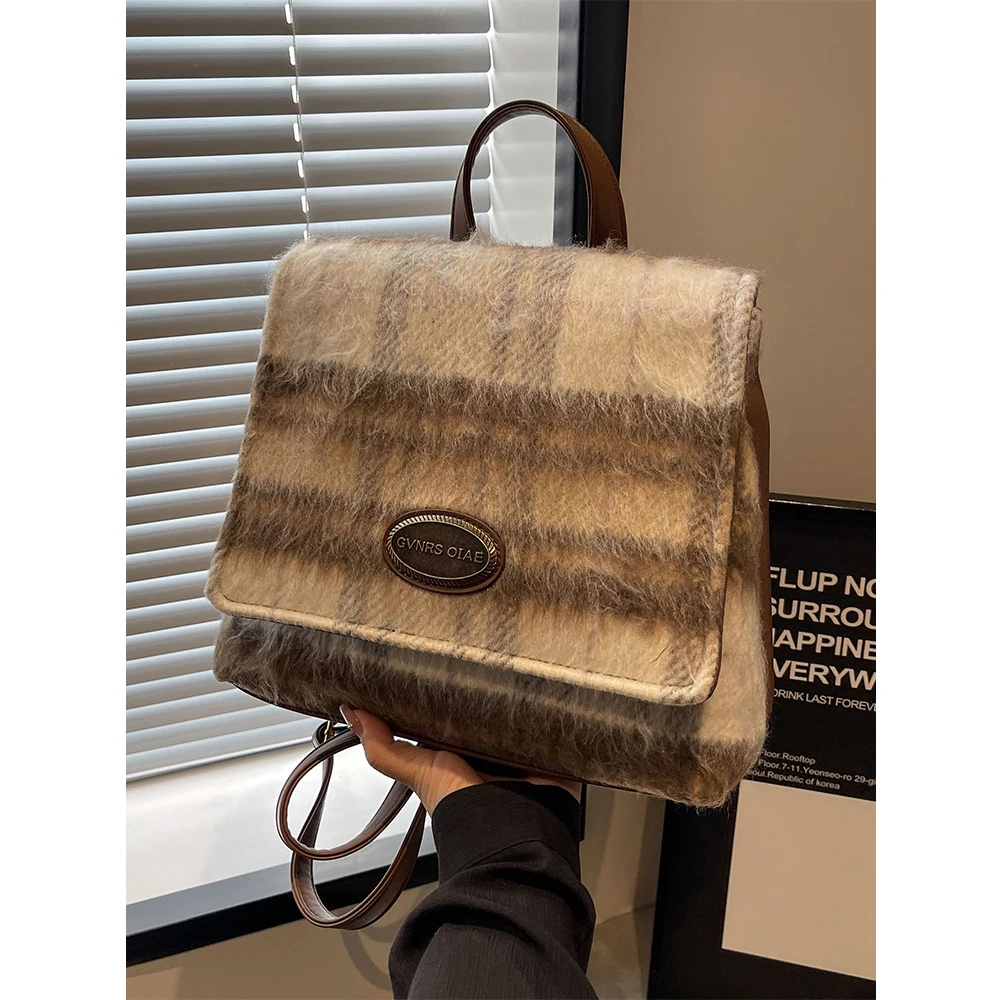 Vintage Women Tweed School Bags Contrast Striped Flap Stachels Shoulder Bag Large Capacity Female Versatile Commute Square Packs