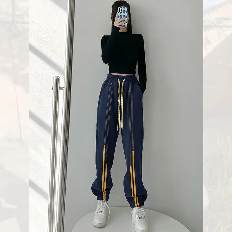 Striped Broadcloth Drawstring Pants Sporty Belt Full Length Bright Line Decoration Harem Pants Spring Autumn Women\'s Clothing