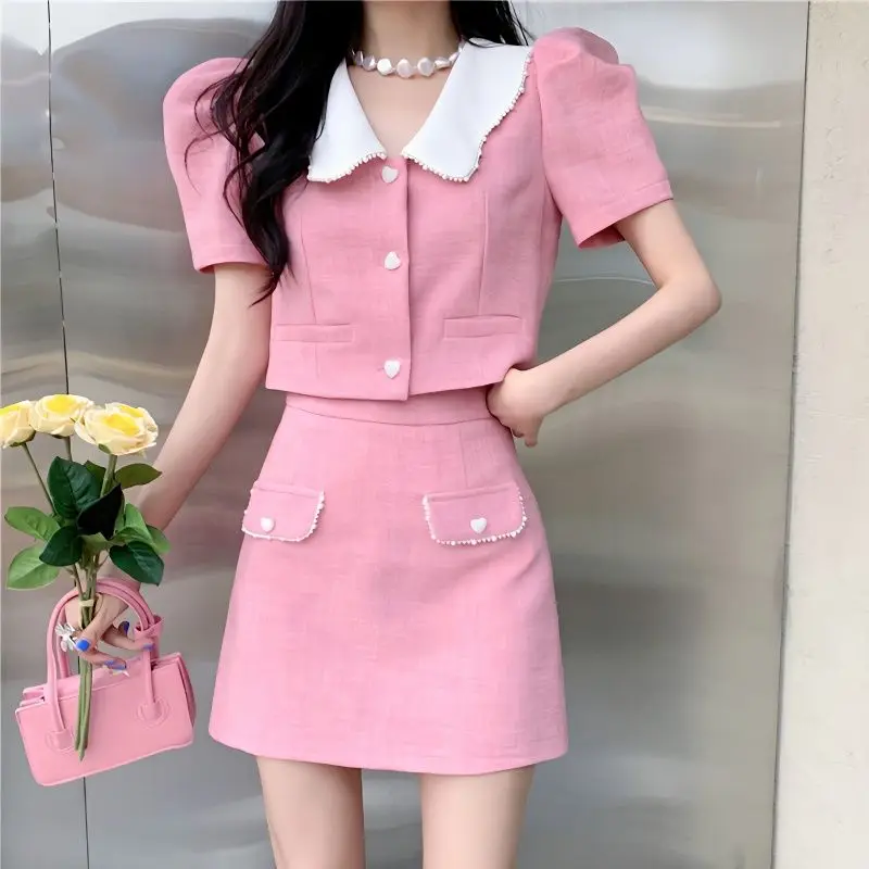 Suit Contrast Polo Neck Bubble Sleeve Sweet Celebrity Suit Jacket Skirt Two-Piece Set Women Bead Temperament French Slim Summer