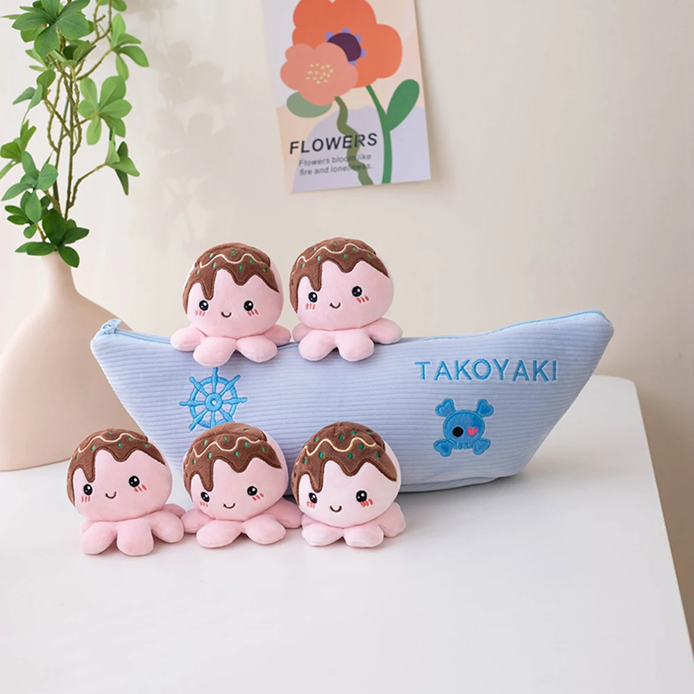 Ein Boot von Takoyaki Snack Kissen lebensechte Kawaii kleine geschmorte Tintenfisch kugeln in einem Boot geformte Platte amüsant Essen Plüsch Kind Geschenk