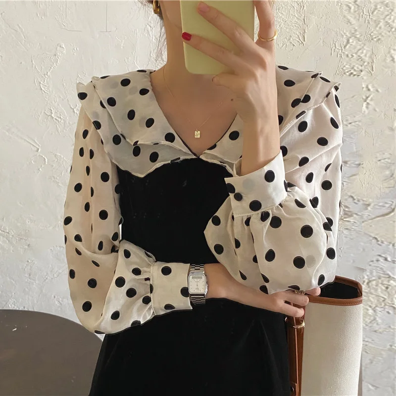 Ele Chic Gola Dupla Camada Polka Dot Veludo Bolha Sve Midi Dr Feminino Coreano Sle Cintura Solta Longo Sve Dr