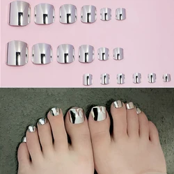 24 pcs Glossy Gold Silver Metallic Mirror Press On Chrome Toenails Short Square Fake Toenails for Women and Girls