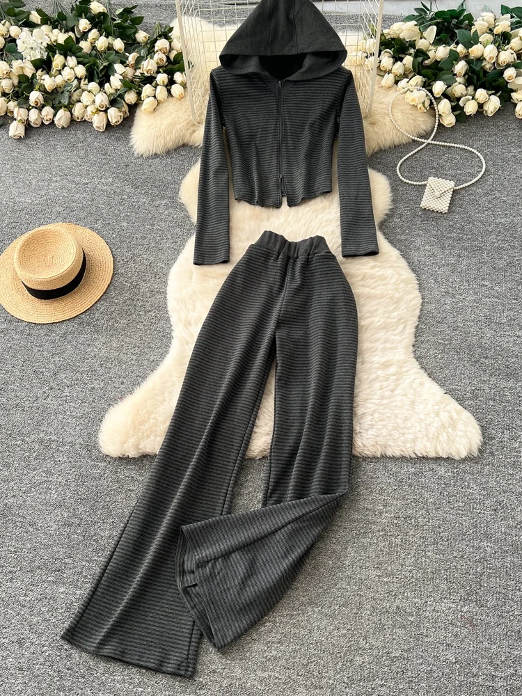 

Faionable женская осенняя одежда с капюшоном Jaet, полосатые широкие брюки с высокой талией, прямой крой, длинная повседневная рабочая одежда све